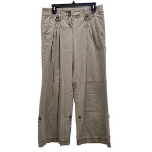 Ann Taylor LOFT Marisa Beige Pleated Front Roll‎ Tab Flare Wide Leg Pants Size 4